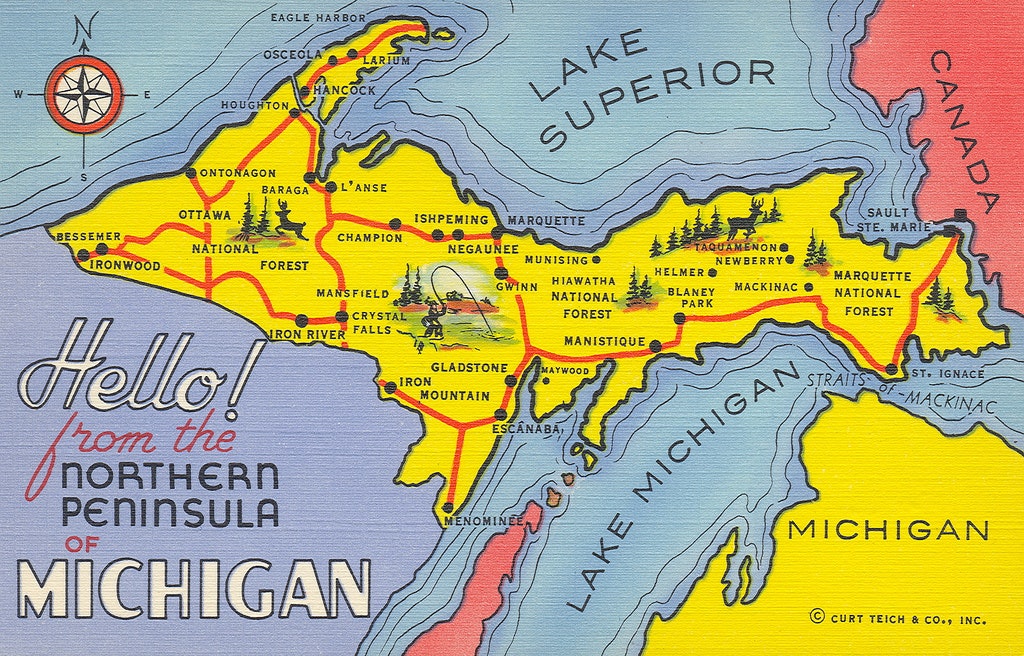 State Map Postcard Marquette Light Bear Michigan The Upper Peninsula Bird